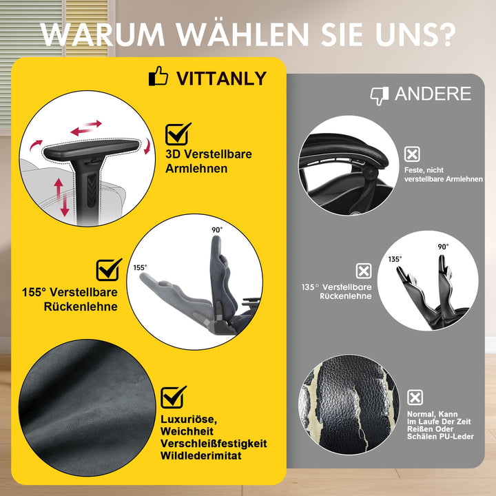 Gaming Stuhl Wildlederimitat ergonomisch mit Fussstuetze, Grau - Bild 6