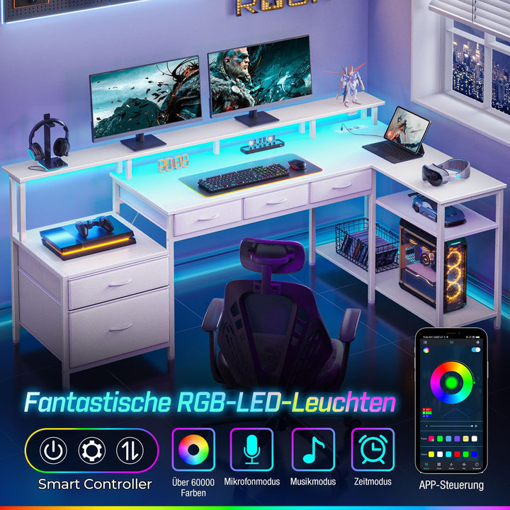 Eckschreibtisch L-Form 163 cm mit Schubladen, Steckdose &amp; RGB-LED - Bild 2