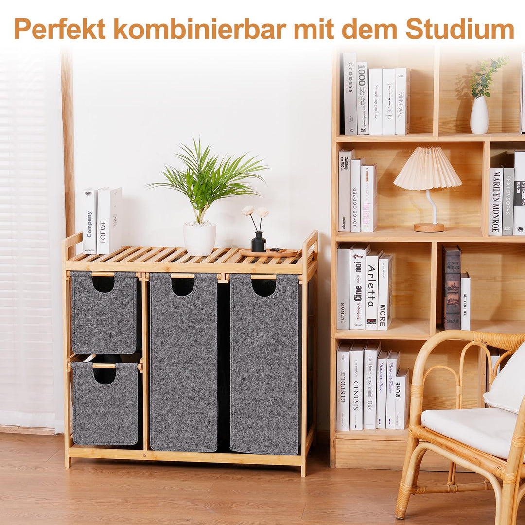 Wäschekorb 4 Fächer Bambus 150L mit Ablage und Rollen - Bild 6