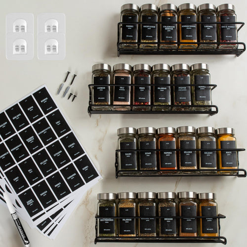 Gewürzregal Wand ohne Bohren Schwarz 4er-Set mit 24 Gläsern