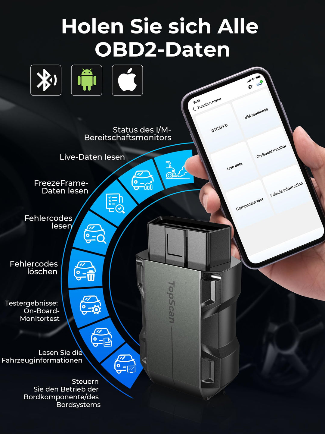 OBD2 Diagnosegerät Bluetooth für iOS &amp; Android 8+ Reset-Funktionen - Bild 4