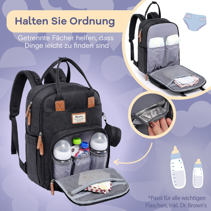 Wickelrucksack mit Wickelauflage und 18 Taschen, wasserfest, Schwarz - Bild 3