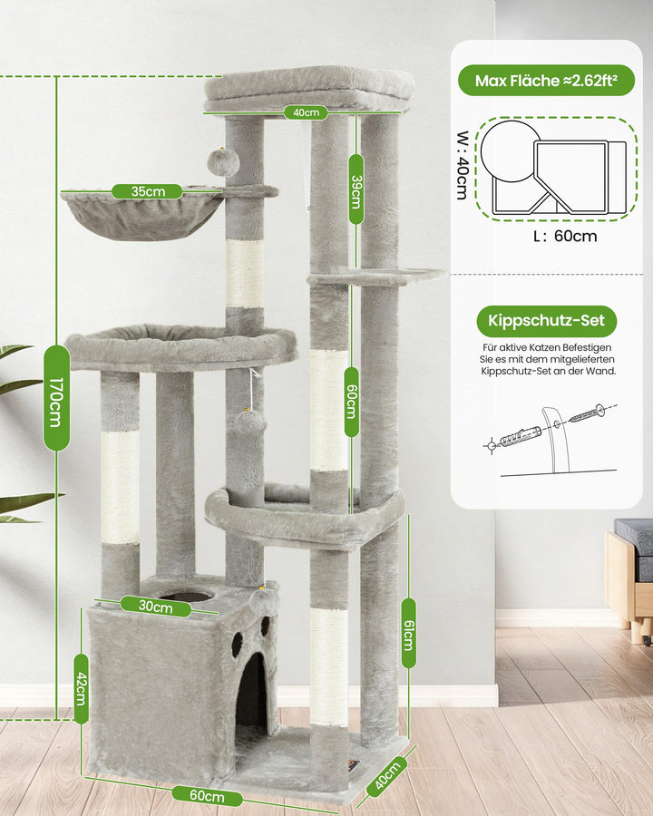 Kratzbaum XXL 170 cm mit 3 Ebenen für grosse Katzen