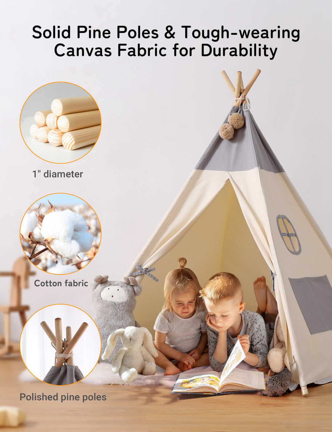 Tipi Zelt Kinder Baumwolle mit Matte und Lichterkette 120x120x155 cm - Bild 2