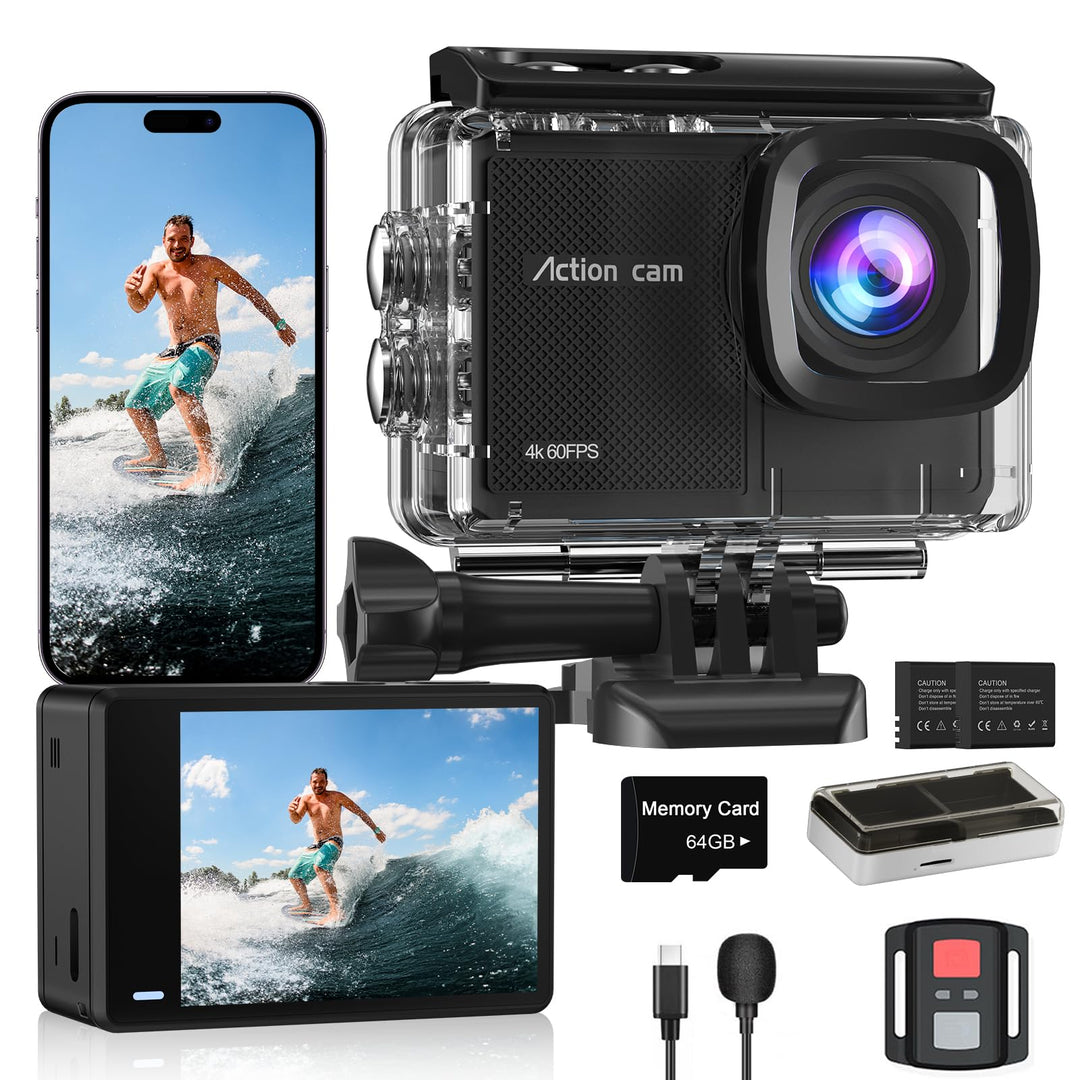 Action Cam 4K60FPS Wasserdicht 48MP mit 64GB Karte und Fernbedienung