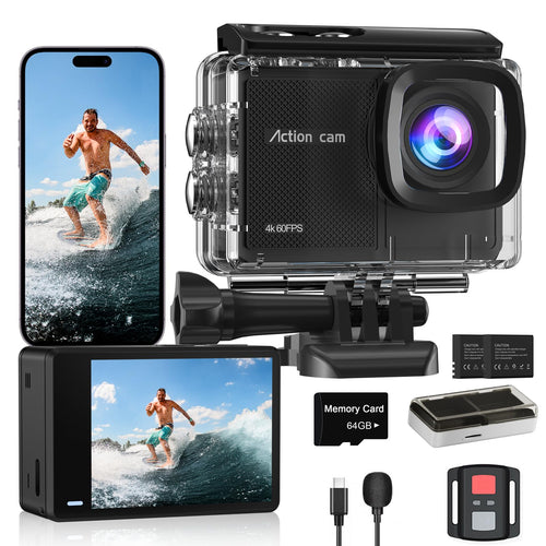 Action Cam 4K60FPS Wasserdicht 48MP mit 64GB Karte und Fernbedienung