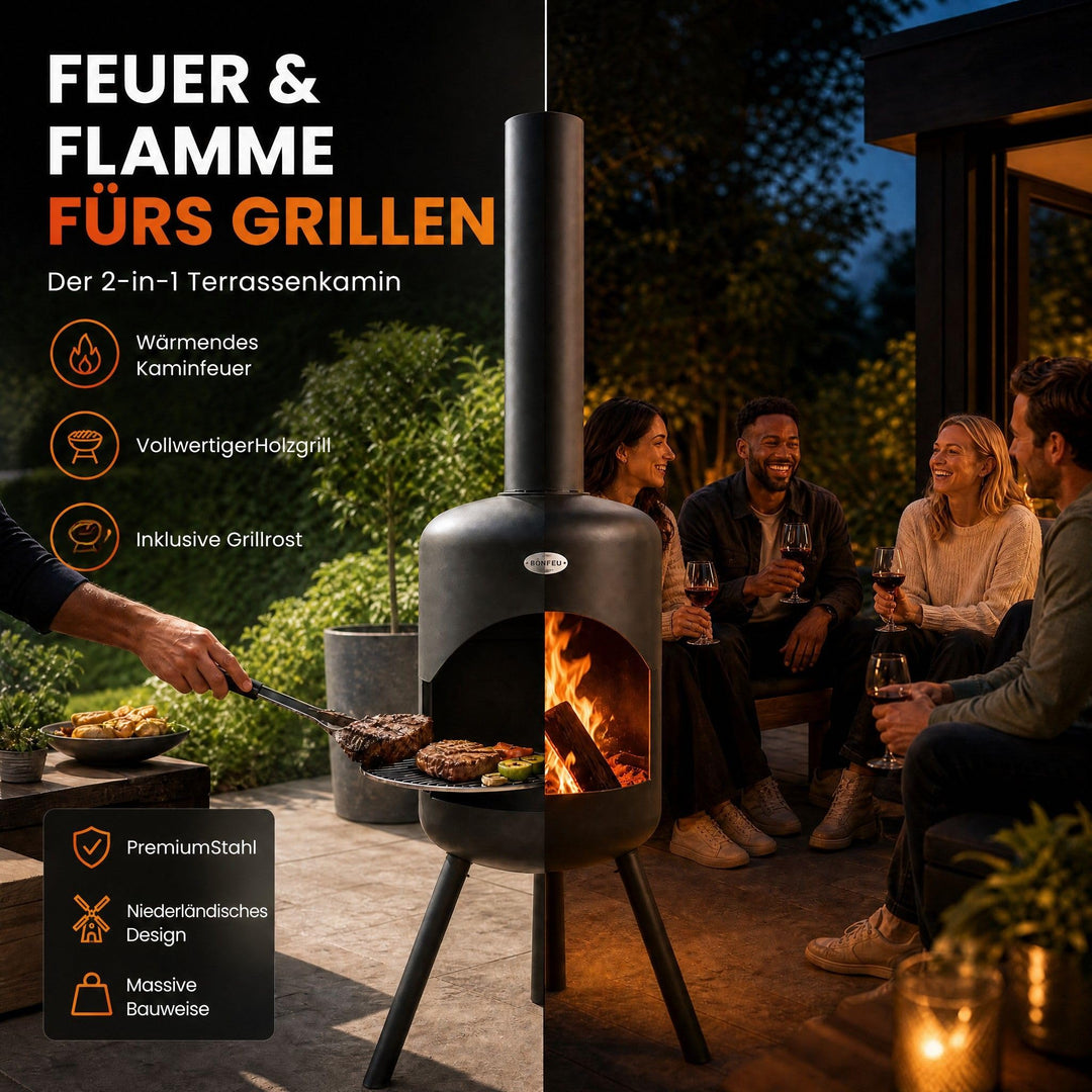 Terrassenofen Stahl 39x39x147 cm mit Grillrost schwarz - Bild 3