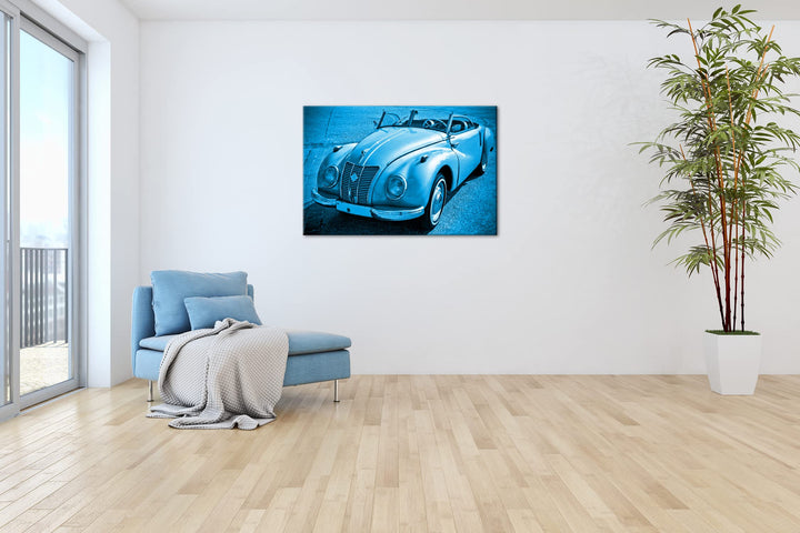 Leinwandbild Oldtimer Motiv Monochrom Blau 80x60 cm Echtholz - Bild 4