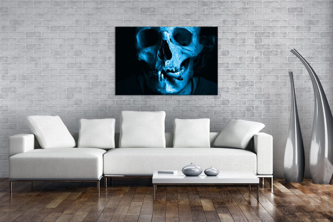 Leinwandbild Schädel Monocrom Blau auf Echtholzrahmen 80x60 cm - Bild 2