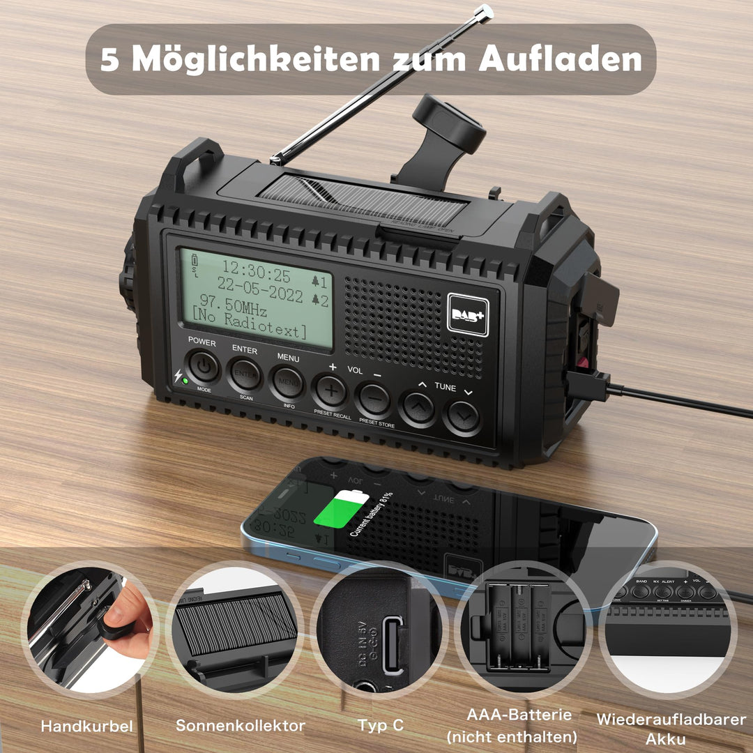 Kurbelradio DAB+ FM mit Solarpanel, LED-Taschenlampe &amp; SOS-Alarm - Bild 3