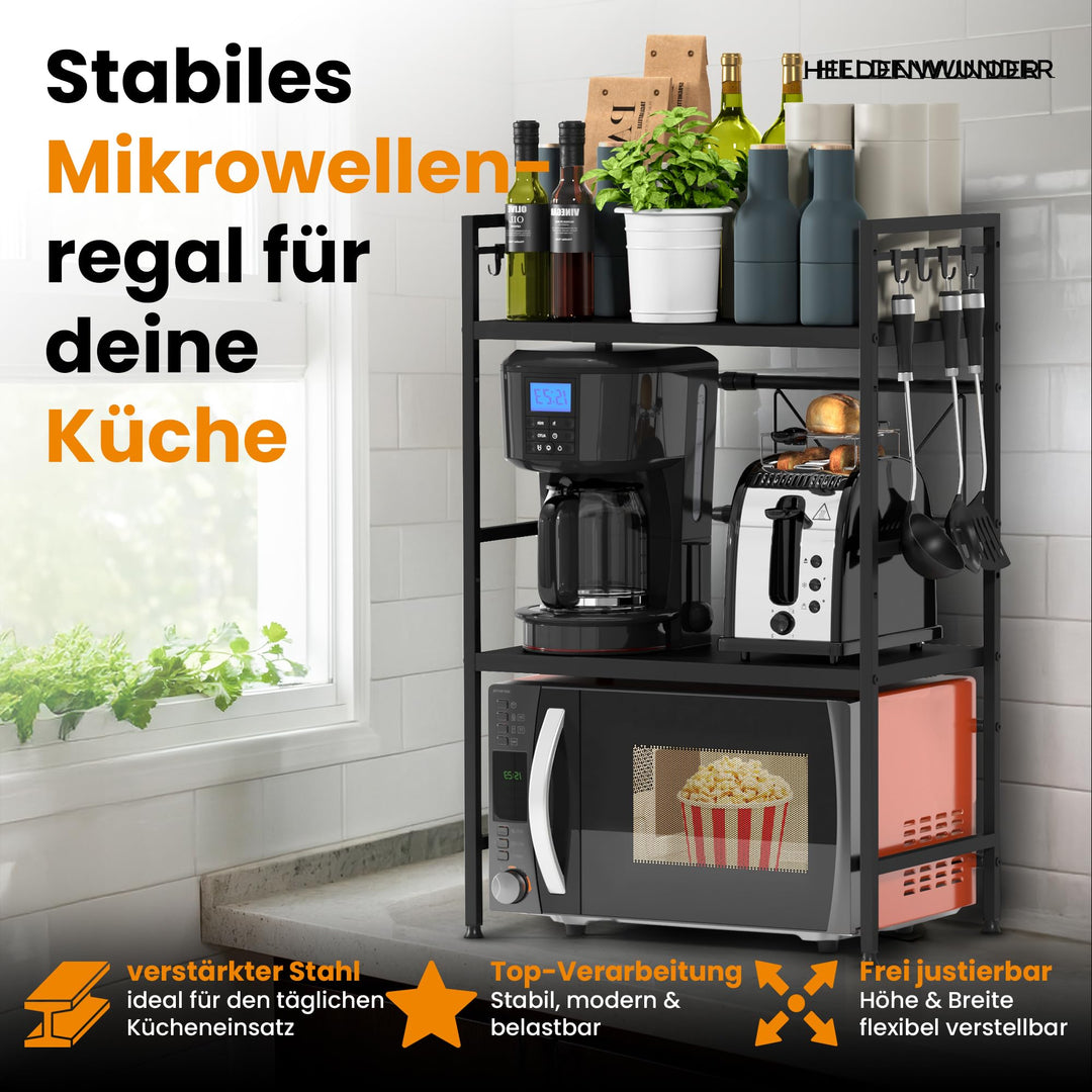 Mikrowellenregal Stahl höhenverstellbar 40-64 cm mit 8 Haken schwarz - Bild 3