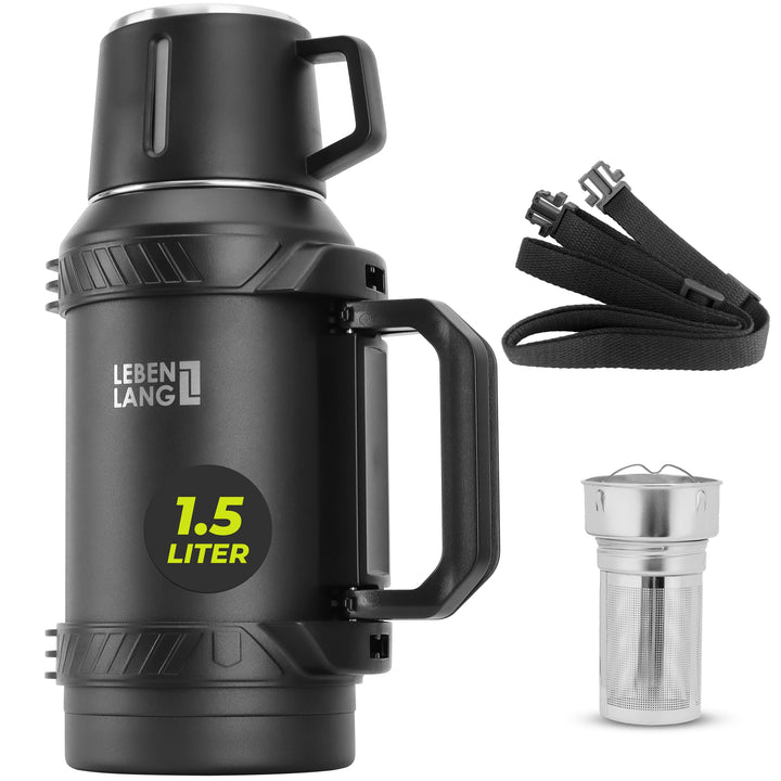 Thermosflasche 1,5 Liter mit Becher und Teesieb 24h Warmhaltung