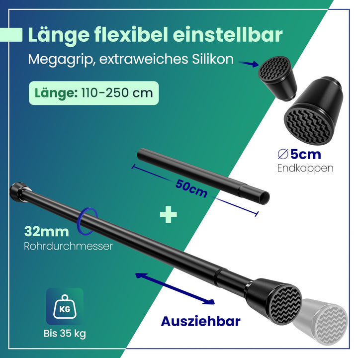 Teleskopstange ohne Bohren schwarz 110–250 cm Ø 32 mm Karbonstahl - Bild 2