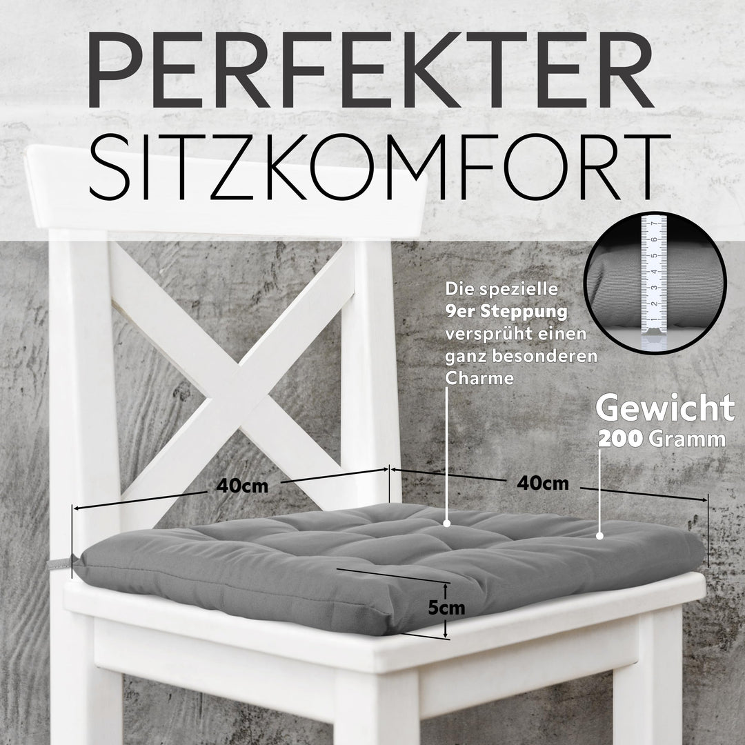Sitzkissen 40x40x5 cm 6er-Set gesteppt mit Haltebändern Indoor Outdoor - Bild 3