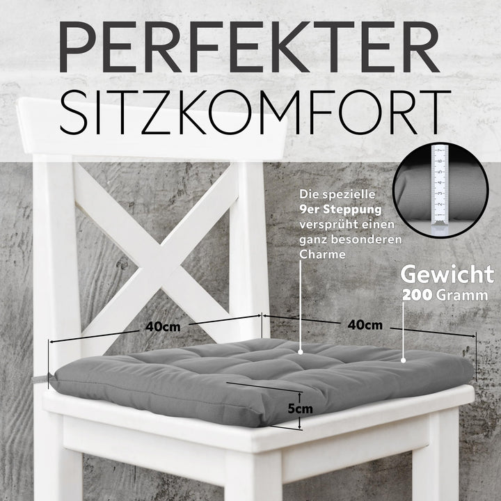 Sitzkissen 40x40x5 cm 6er-Set gesteppt mit Haltebändern Indoor Outdoor - Bild 3