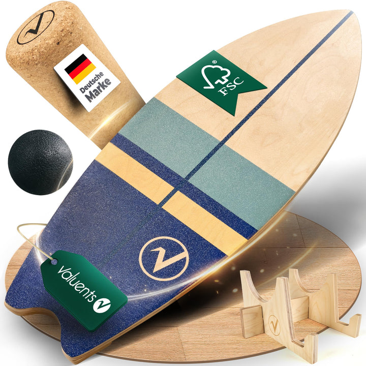 Balance Board Holz Surfboard-Form mit Korkrolle, Halterung &amp; Ball