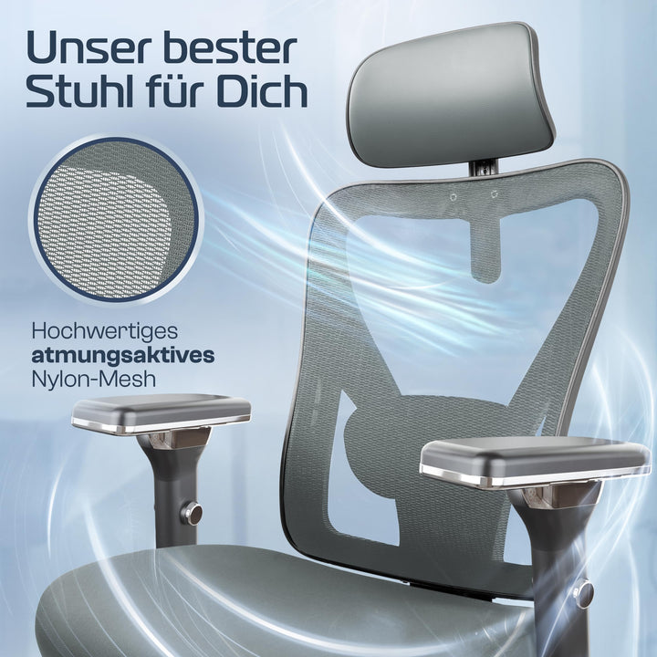 Bürostuhl Ergonomisch Mesh 4D-Armlehnen Kopfstütze bis 150 kg - Bild 6