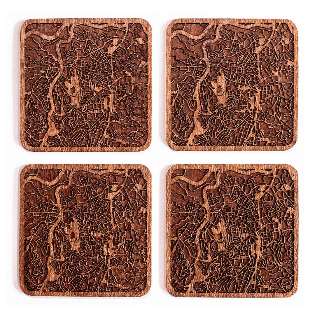 Untersetzer Sapeli-Holz mit Stadtkarte Jerusalem 4er-Set