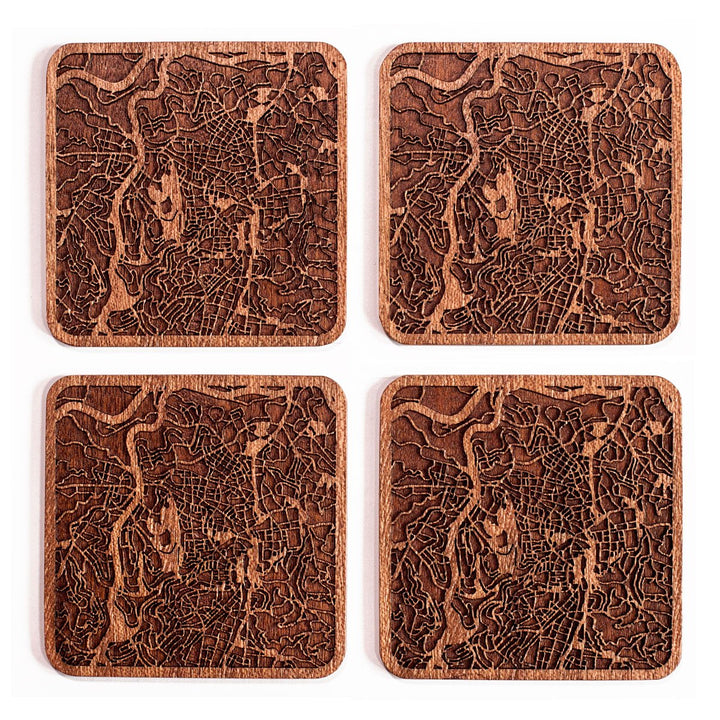 Untersetzer Sapeli-Holz mit Stadtkarte Jerusalem 4er-Set