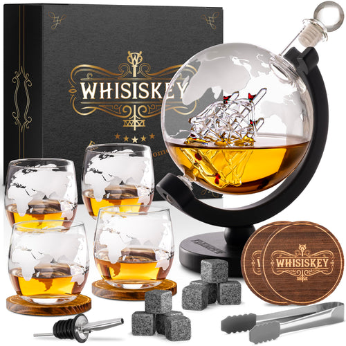 Whisky Karaffe Set Globus 900ml mit 4 Gläsern, Steinen & Box