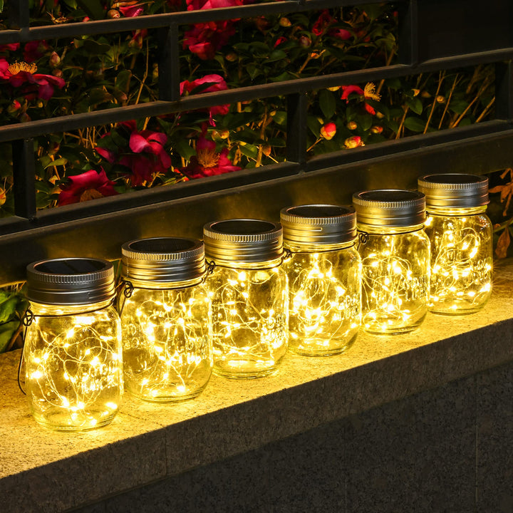Solar-Einmachglas mit Lichterkette 180 LED 6er-Set warmweiss IP44