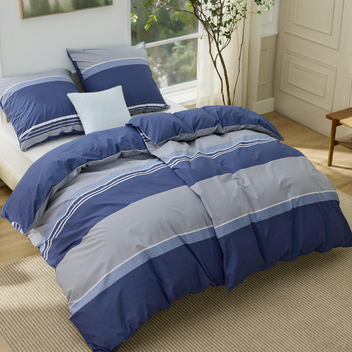 Bettwäsche 135x200 Baumwolle 4-teilig Streifen Jeansblau wendbar