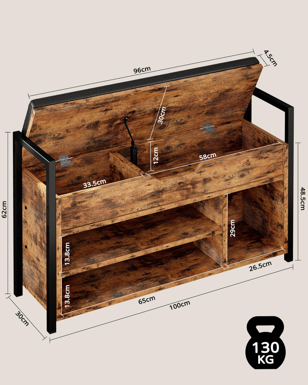 Schuhbank mit Stauraum Kunstleder 100x30x62cm 3 Fächer Flur - Bild 8