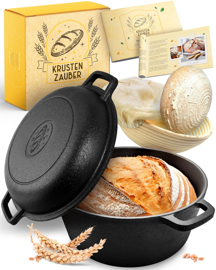 Brotbacktopf Gusseisen 26 cm mit Gärkörbchen Rattan-Set