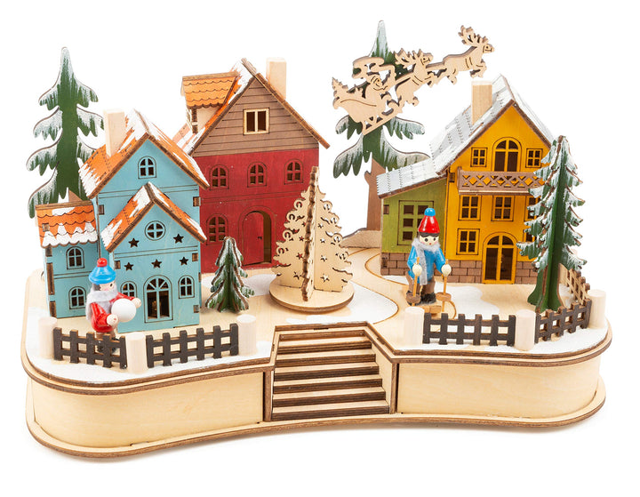 Weihnachtsdorf Holz mit Beleuchtung &amp; drehendem Tannenbaum 30x16x17cm