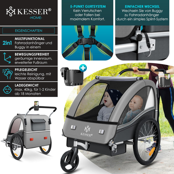 Kinderfahrradanhänger 2in1 Jogger &amp; Buggy für 1-2 Kinder bis 40 kg - Bild 2