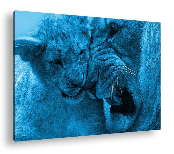 Leinwandbild Löwe Monochrom Blau auf Echtholzrahmen 80x60 cm
