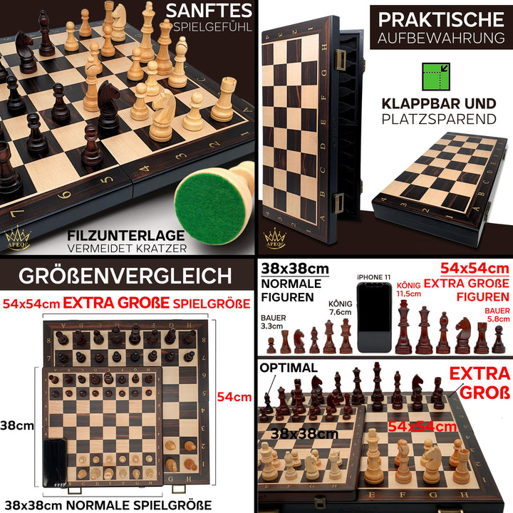 Schachspiel Holz Deluxe klappbar 54x54cm mit 32 Figuren - Bild 6