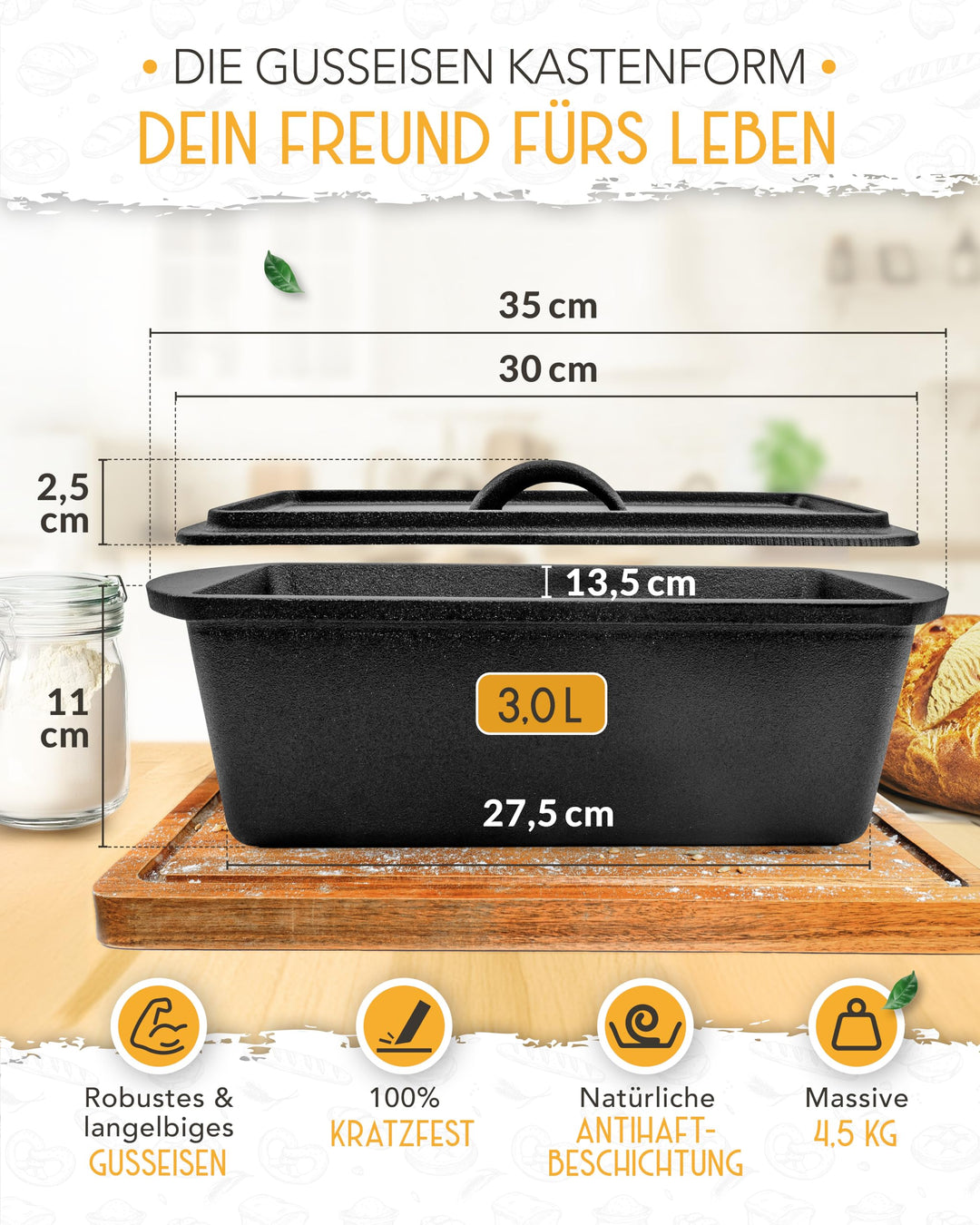 Brotbackform Gusseisen mit Deckel rechteckig 28 cm - Bild 4