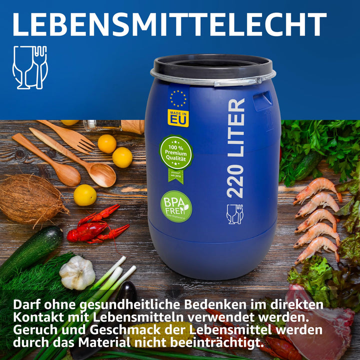 Weithalsfass 220 Liter HDPE mit Deckel Blau Regentonne Kunststoff - Bild 4