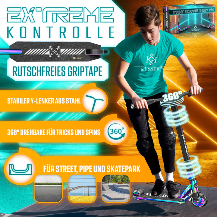 Stunt Scooter 360° Lenkung Aluminium 110mm PU-Räder ABEC 9 mit Ständer - Bild 2