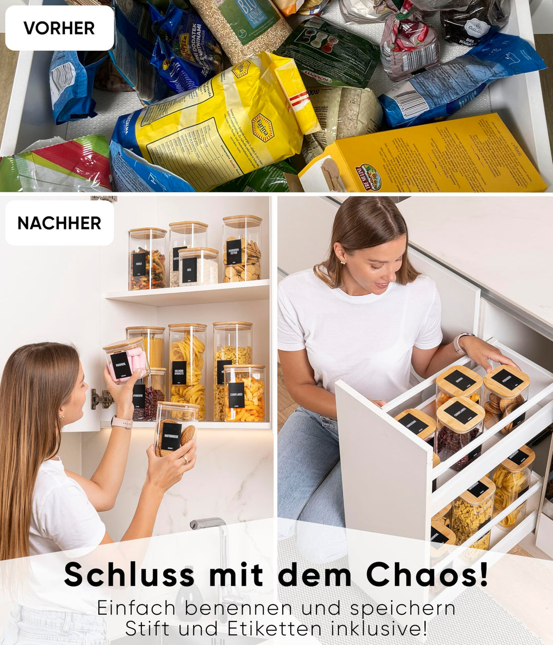 Vorratsgläser eckig Borosilikatglas 12er-Set mit Bambusdeckel - Bild 6