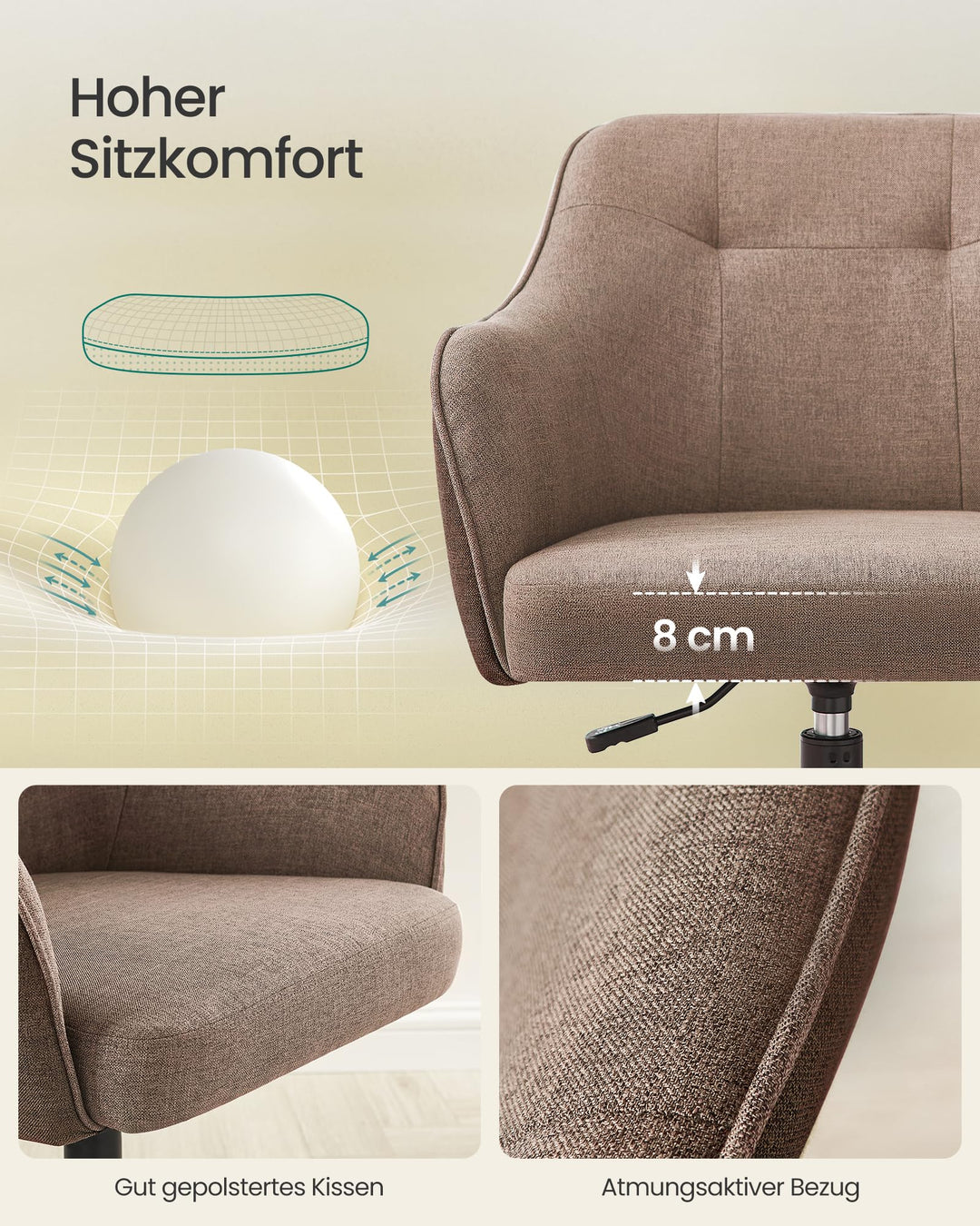 Schreibtischstuhl Stoff höhenverstellbar bis 110 kg Homeoffice braun - Bild 5
