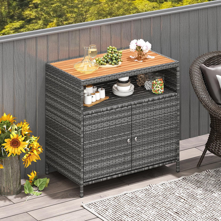 Gartenschrank Rattan mit Akazienholz-Arbeitsplatte 2-türig grau - Bild 7
