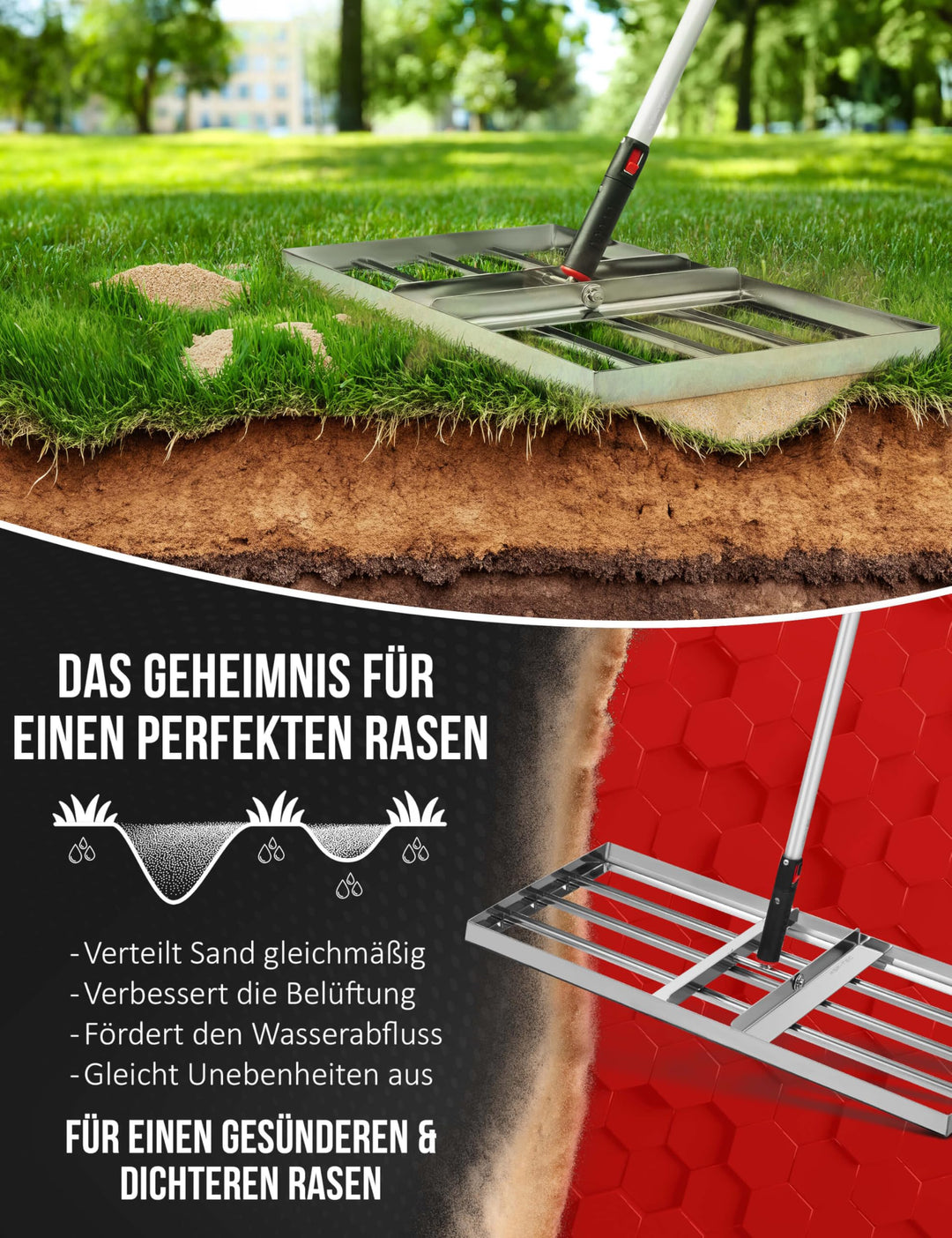 Nivellierrechen Edelstahl 75x35 cm mit Aluminiumstiel für Rasen - Bild 3
