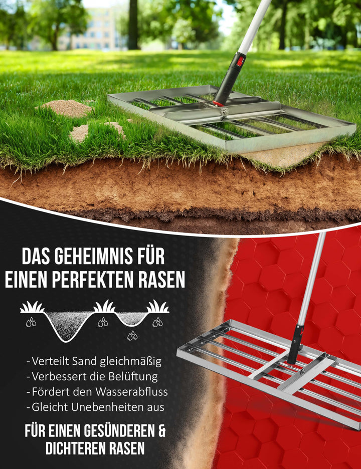 Nivellierrechen Edelstahl 75x35 cm mit Aluminiumstiel für Rasen - Bild 3