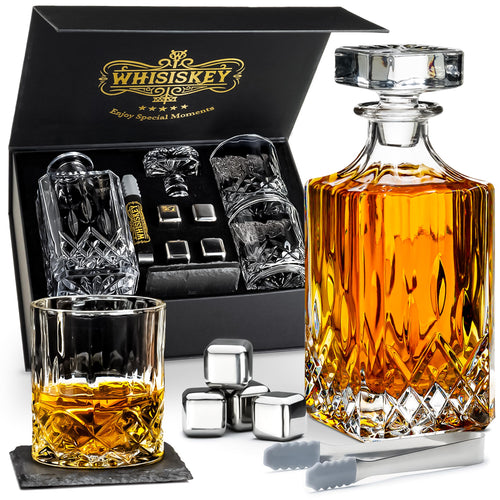 Whisky Karaffe Set mit 2 Gläsern, Steinen & Samtbeutel im Geschenkbox