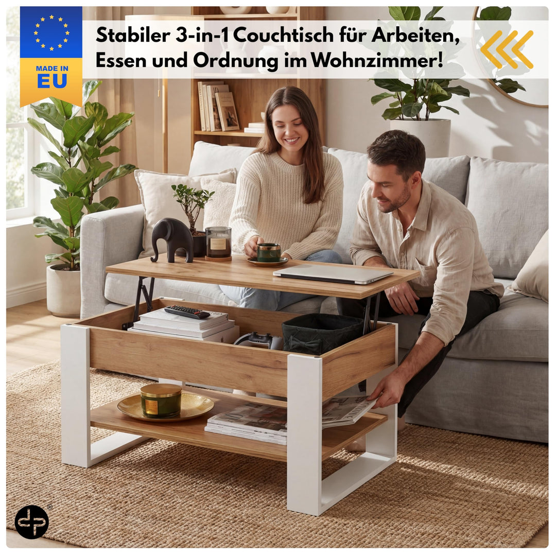 Couchtisch höhenverstellbar mit Stauraum 92x51 cm Weiss-Eiche - Bild 2