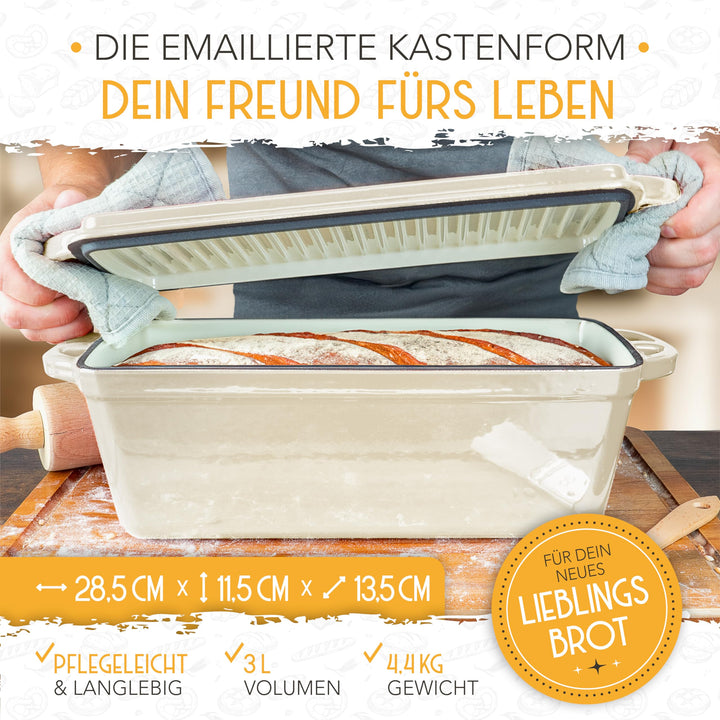 Brotbackform Gusseisen mit Deckel und Gärkörbchen Emaille Kastenform - Bild 5