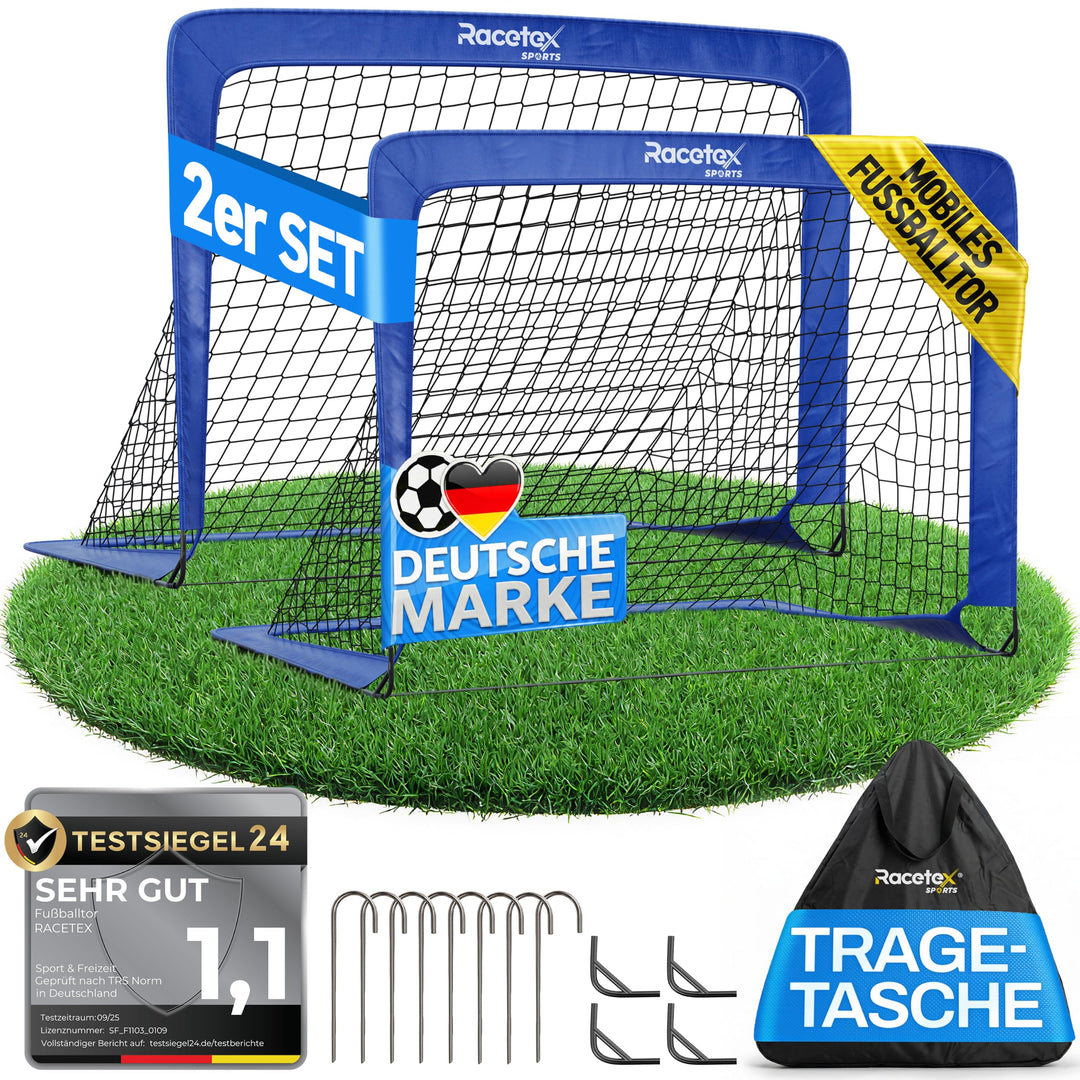 Fussballtor Kinder 2er Set faltbar mit Glasfaserstangen blau