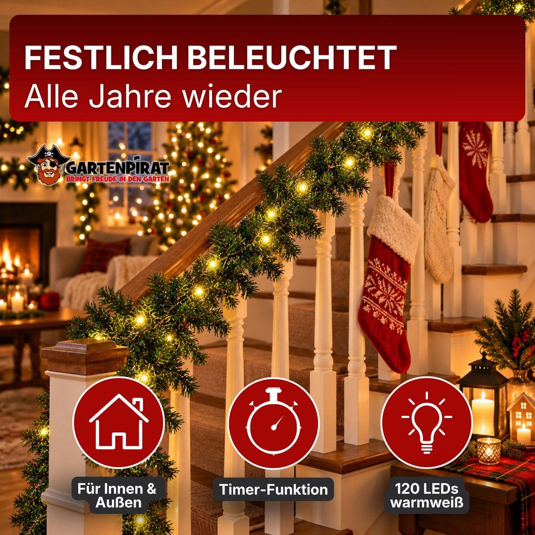 LED Tannengirlande künstlich 8,1 m 120 LEDs warmweiss IP44 Timer - Bild 5