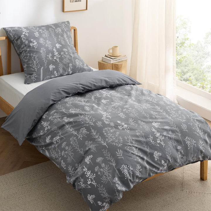Bettwäsche 135x200 Baumwolle 4-teilig Blumen Grau Wendebar - Bild 2