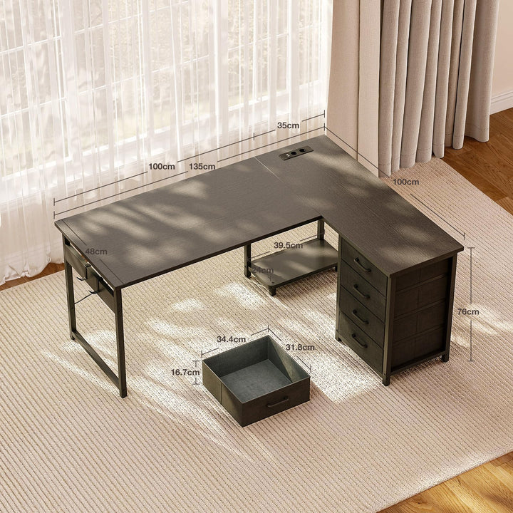 Eckschreibtisch L-Form 135x100 cm mit Steckdosen und 4 Schubladen - Bild 3