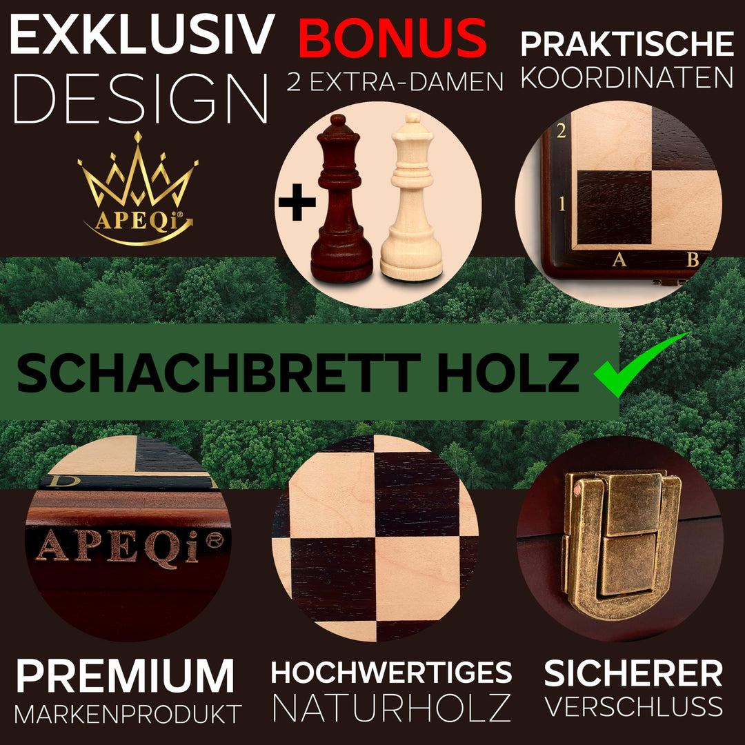 Schachspiel Massivholz 38x38cm mit Metallverschluss &amp; 2 Extra-Damen - Bild 5