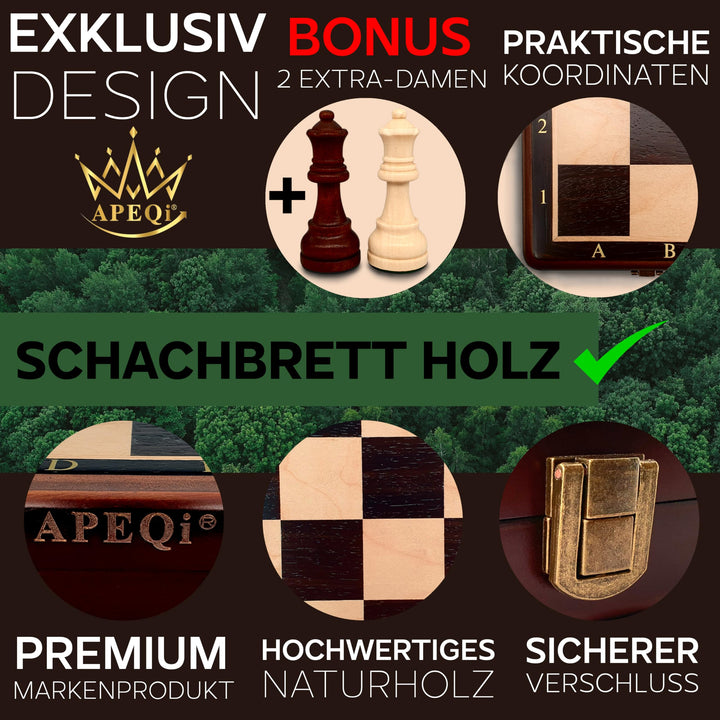 Schachspiel Massivholz 38x38cm mit Metallverschluss &amp; 2 Extra-Damen - Bild 5
