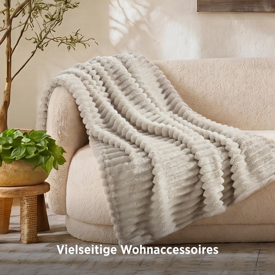 Kuscheldecke Flanell-Fleece 230x270 cm Streifenmuster Beige - Bild 4